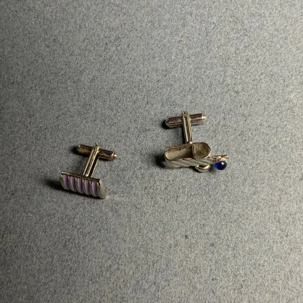 Single Cufflinks Lot Silver Light Purple Lilac Lavender Stripes Dark Blue Stone